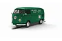 A green Scalextric 1/32 scale Volkswagen T1b slot car with Jack McAfee Distributing Co. and Castrol branding on a slot track.