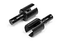 Two black metal RC drive cups or outdrives for HPI Racing vehicles, shown against a plain white background.