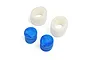 Two white cylindrical foam air filter elements and two solid blue foam filter plugs on a white background.