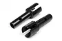Two black metal RC rear drive axles for HPI Racing vehicles, featuring a cylindrical shaft with a cross-drilled hole and a slotted cup end.