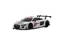A studio shot of a white Kyosho Mini-Z Audi R8 LMS RC car with red racing livery and the number 1 on the side and hood.