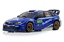 A studio shot of a Kyosho Mini-Z 2008 Subaru Impreza WRC RC drift car in blue with gold wheels and racing decals.