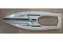 A white UDI RC boat cabin cover with black Arrow branding and geometric decals, viewed from above.