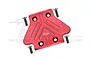 GPM Racing red anodised aluminium rear skid plate with four included mounting screws, isolated on a white background.