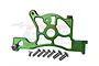 A green anodized aluminium rear spur gear cover mount for an RC car, shown with a set of included mounting screws against a white background.