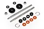 HPI Trophy Buggy shock rebuild kit containing two metal shock shafts, plastic pistons, o-rings, nuts, and clips on a white background.