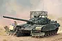 Box art illustration of a Soviet T-72B1 tank with cage armour and KMT-6 mine plow, with two soldiers in the background on a dusty field.
