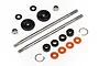 HPI Racing shock rebuild kit components including two shock shafts, plastic pistons, O-rings, nuts, and clips on a white background.