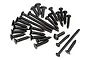 A collection of 28 black metal RC screws of varying lengths and head types, arranged on a white background.