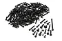 A large pile of assorted black metal screws for HPI Trophy RC vehicles, with a few individual screws laid out separately on a white background.