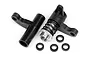 HPI Racing servo saver set including black plastic arms, a spring-loaded metal assembly, and small black spacers on a white background.