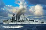 An artistic illustration of the HMS Calcutta light cruiser sailing through choppy dark blue seas under a dramatic cloudy sky.