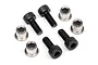Four black socket head cap screws and four silver metal flanged bushings for HPI Trophy RC vehicles.