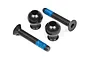 Two black metal ball studs and two black flat-head screws with blue thread locker on a white background.