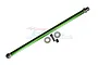 GPM Racing green aluminium centre drive shaft with steel ends, including small screws and washers, isolated on a white background.