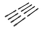 A set of eight black plastic suspension links with metal pivot balls for Traxxas 1/18 scale RC vehicles.