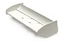 A white plastic RC car wing with side plates and mounting holes, viewed from a high angle against a white background.