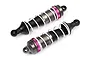 Two HPI Racing big bore front aluminium shock absorbers with white springs, gunmetal bodies, and purple adjustment collars on a white background.