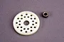A white plastic 76T spur gear and a small metal hexagonal bushing on a grey surface.