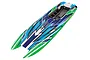 Top-down view of the Traxxas DCB M41 Widebody RC boat hull featuring blue, green, and white geometric graphics on a white background.