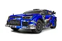 A studio shot of the Maverick Quantum RX Flux 4S RC rally car in blue, featuring a detailed racing livery and Tredz tires on a white background.