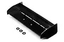 A black 1/8 scale RC car wing with three small black mounting washers, isolated on a white background.