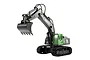 A studio shot of a HuiNa 1558 RC excavator in green and black, featuring a detailed boom, bucket, and tracked undercarriage.