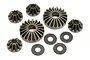 A set of HPI Racing steel differential bevel gears and flat washers arranged on a white background.