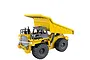 A yellow HuiNa 1540 RC dump truck with black detailing, shown from a three-quarter angle with its headlights illuminated against a white background.