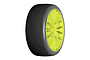 A single GRP T04 slick RC tyre mounted on a bright yellow multi-spoke rim against a white background.
