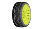 A single GRP T03 Revo RC car tyre mounted on a bright yellow multi-spoke wheel, shown against a plain white background.