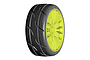 A single GRP T03 Revo RC car tyre mounted on a bright yellow multi-spoke wheel against a white background.