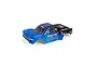 ARRMA Senton 1/10 scale short course truck body shell in blue and black with sponsor decals, isolated on a white background.