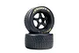Two ARRMA dBoots Hoons RC car wheels stacked on a white background, featuring black 5-spoke rims and gold lettering on the rubber tires.