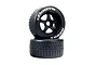 Two ARRMA dBoots Hoons RC car wheels stacked on a white background, featuring black five-spoke rims and black rubber tires with white lettering.
