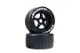 Two black ARRMA dBoots Hoons RC car wheels stacked on a white background, featuring 5-spoke rims and white lettering on the sidewalls.