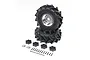 Two Losi 1/10 D&D Paddy RC tires on chrome rims, with four black plastic wheel hexes, two chrome center caps, and a set of small black screws.