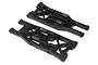 Two black plastic suspension arms for an HPI Trophy Truggy RC vehicle, shown from an angled top-down perspective.