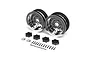 Two chrome-plated RC truck rims with black plastic wheel hubs, small metal caps, and a set of mounting screws on a white background.