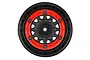 A single Pro-Line Raid 2.2/3.0 inch black bead-loc RC rim featuring a bright red beadlock ring and black hardware against a white background.
