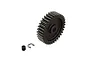 ARRMA 34T 1Mod Safe-D5 pinion gear with a grub screw and E-clip on a white background.