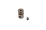 A 13-tooth steel pinion gear for RC cars shown next to a small grub screw on a white background.