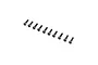 A row of ten black metal cap head screws with hexagonal sockets, arranged diagonally on a white background.
