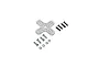 A clear plastic X-shaped motor mount for RC aircraft, accompanied by four black machine screws, four silver machine screws, and four small silver washers.
