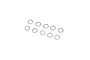 Ten small, thin, circular metal washers arranged in two rows on a white background.