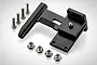 A black anodized aluminum propeller strut for an RC boat, including four mounting bolts and four locking nuts, isolated on a white background.