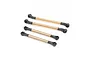 Four gold-coloured metal suspension links with black plastic rod ends arranged diagonally on a white background.