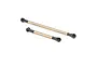 Two gold-coloured metal steering links with black plastic rod ends on a white background.