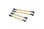 Four gold-coloured metal RC suspension links with black plastic rod ends arranged diagonally on a white background.