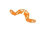 Two orange anodized aluminium rear chassis plates for a Losi RC vehicle, featuring multiple mounting holes and cutouts.